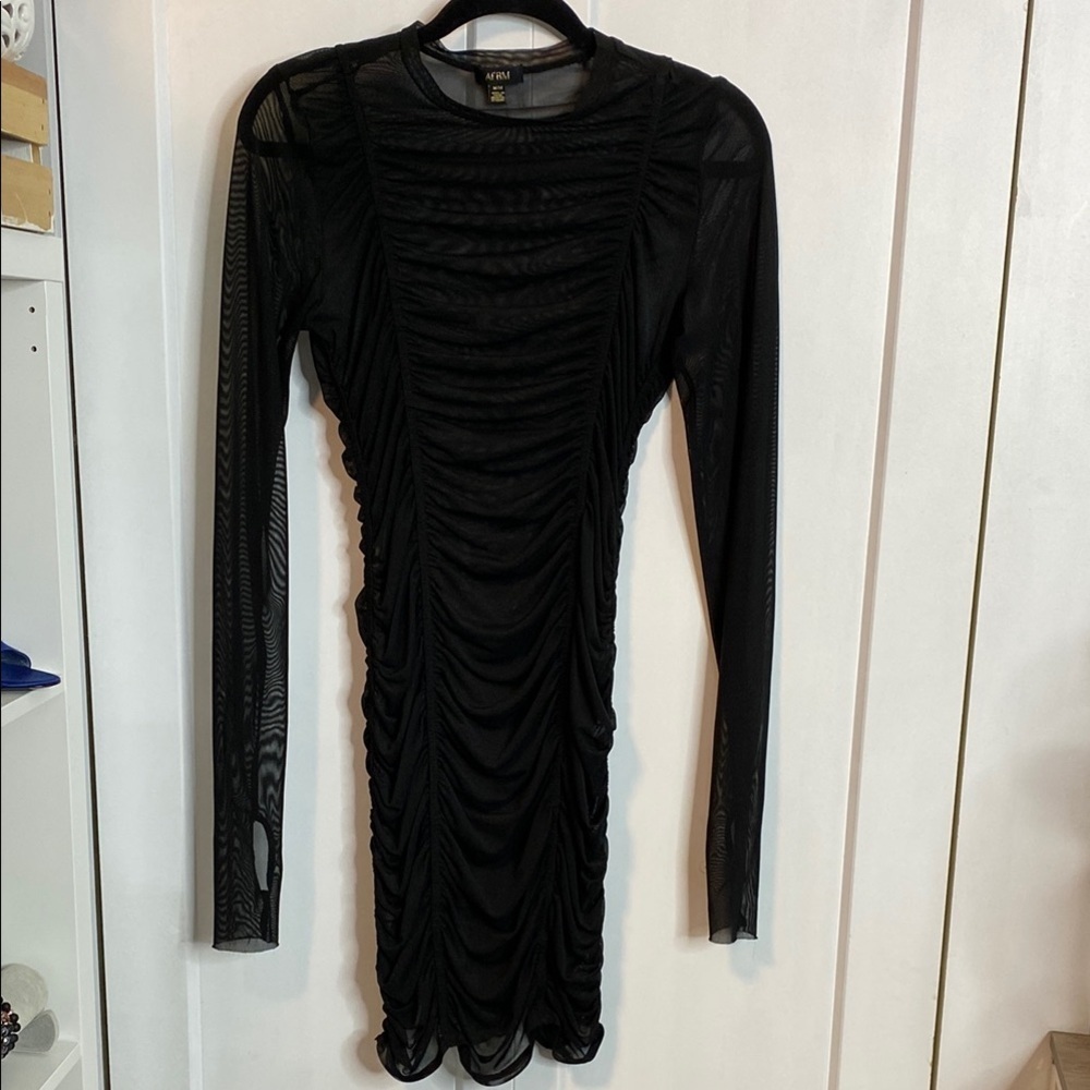 ❤️AFRM Black Long Sleeve Ruched Mesh Bodycon Dress